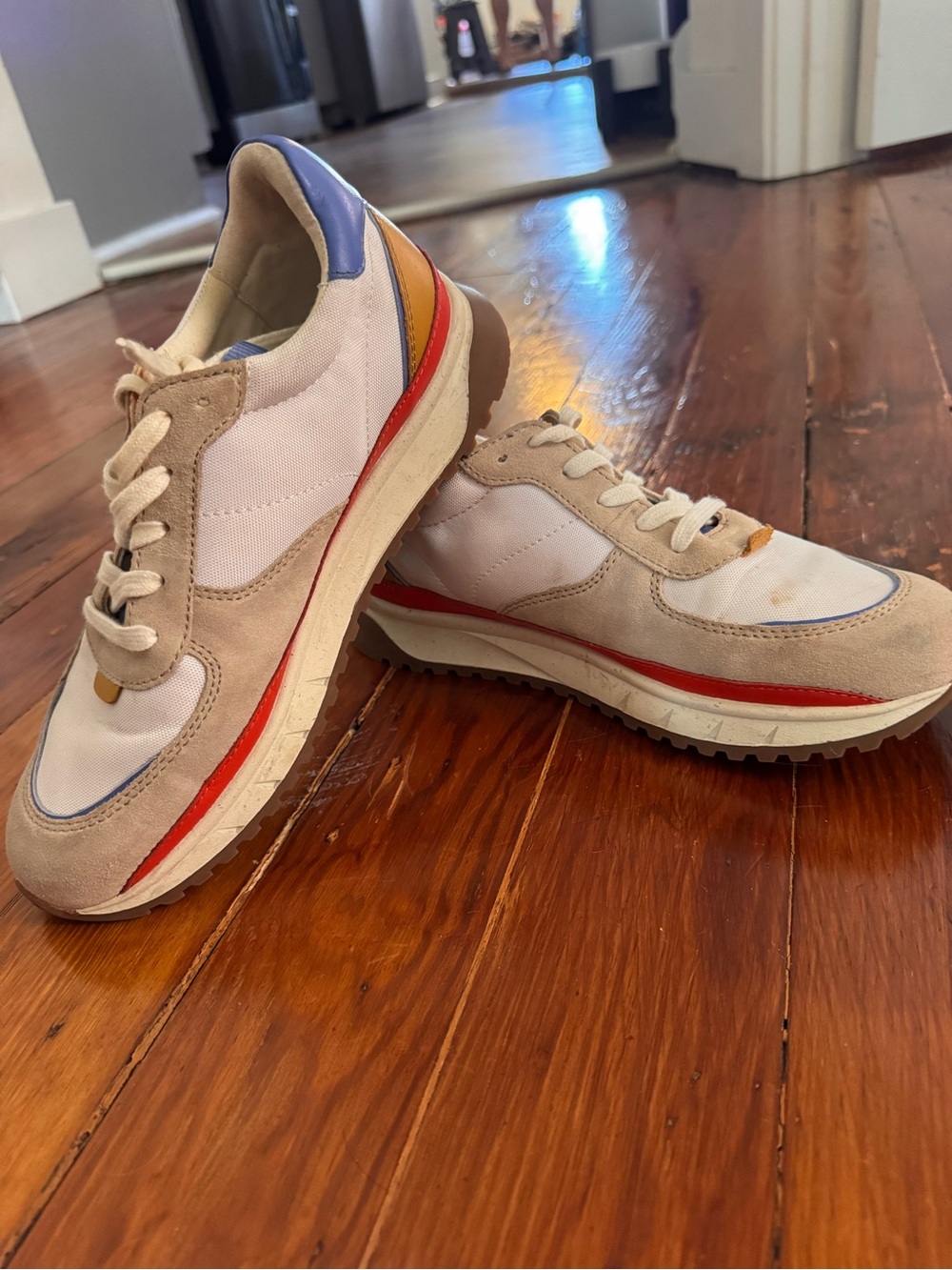 Madewell Beige Suede & Canvas Sneakers with Red and Blue Accents